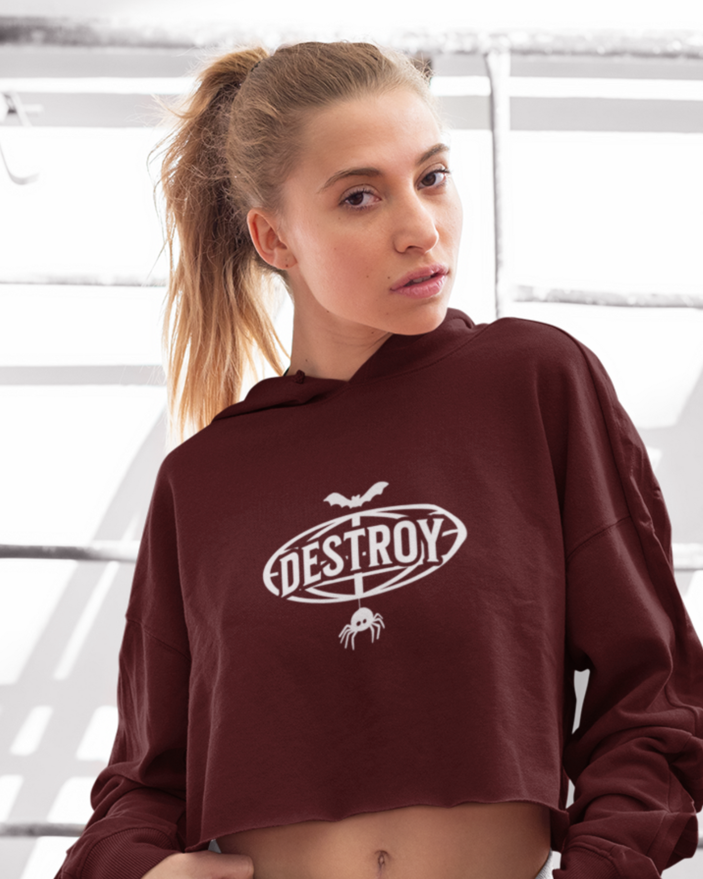 Destroy the Limits Crop Hoodie – Maroon Elegance