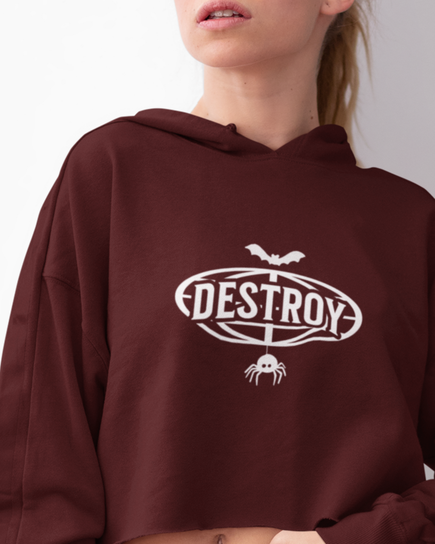 Destroy the Limits Crop Hoodie – Maroon Elegance